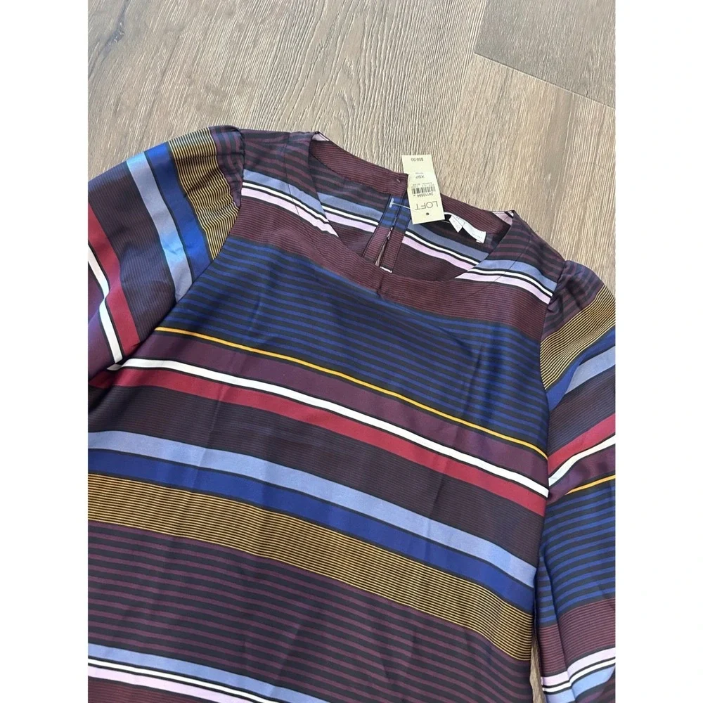 LOFT Petites Striped Long Sleeve Blouse Navy Burgundy‎ XSP 24110594